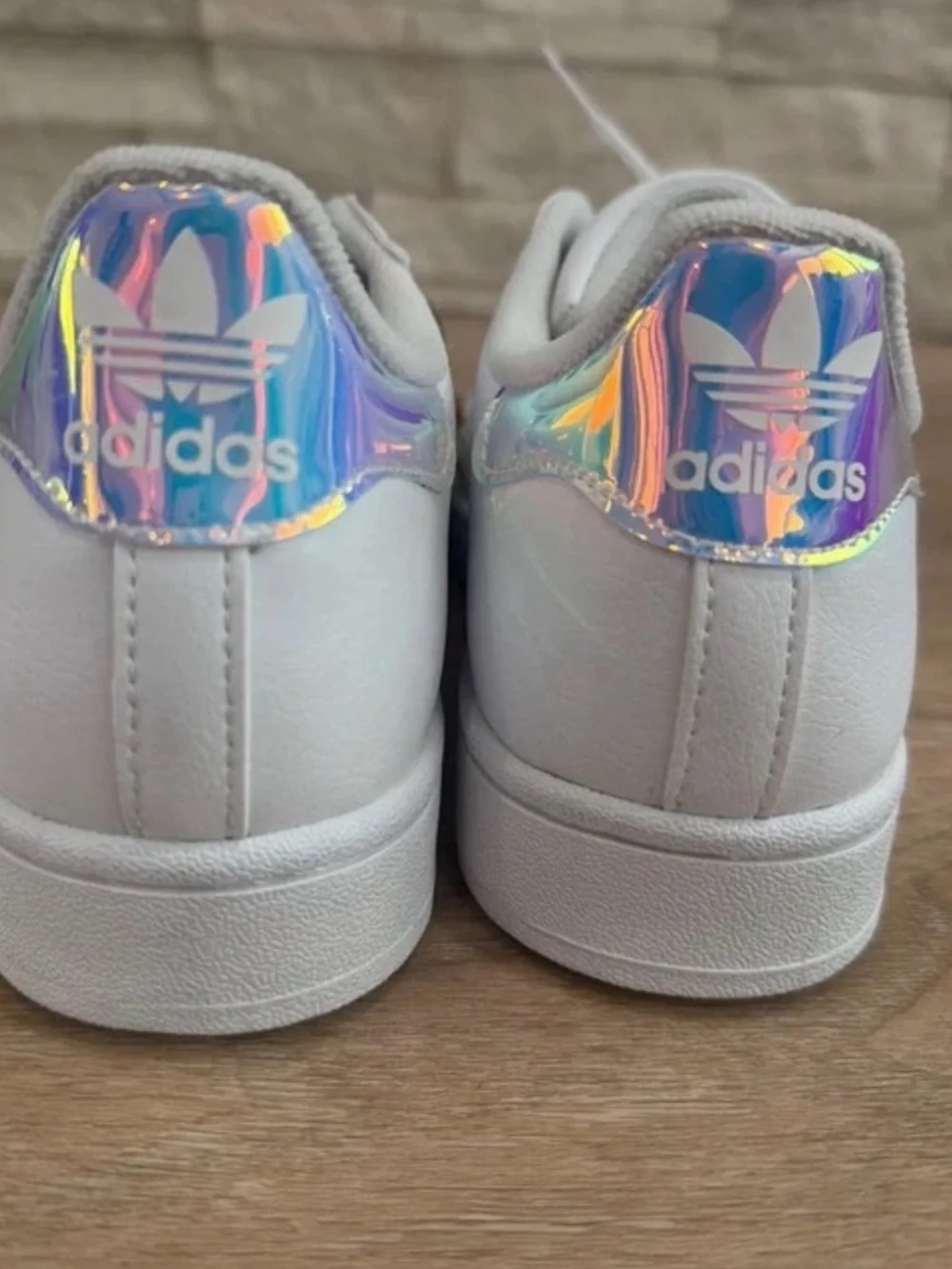 adidas Womens Superstar Sneakers — White with Iridescent Stripes